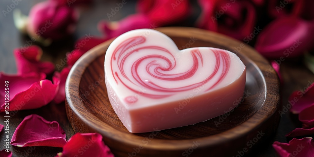 Heart-shaped soap with pink swirls on wooden plate surrounded by rose petals, perfect for romantic gifts and self-care Heart-shaped soap with pink swirls on wooden plate surrounded by rose petals, perfect for romantic gifts and self-care