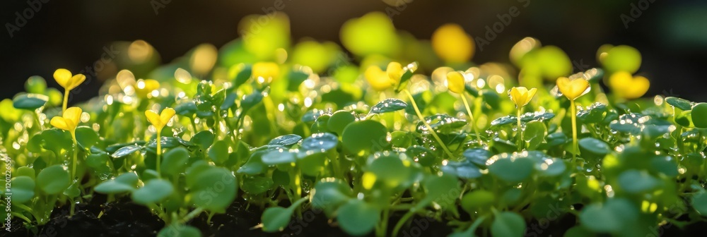 Vibrant Green Seedlings with Dew Drops Glimmering in Morning Light, Showcasing Nature's Renewal and Growth Vibrant Green Seedlings with Dew Drops Glimmering in Morning Light, Showcasing Nature's Renewal and Growth