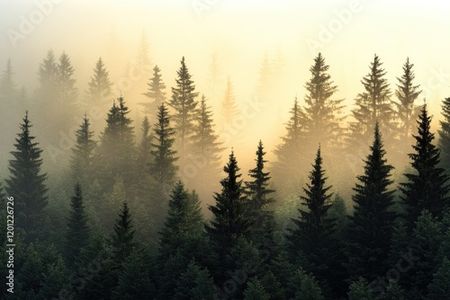 A dense fog surrounds a forest with sunlight peeking through, creating a mystical atmosphere