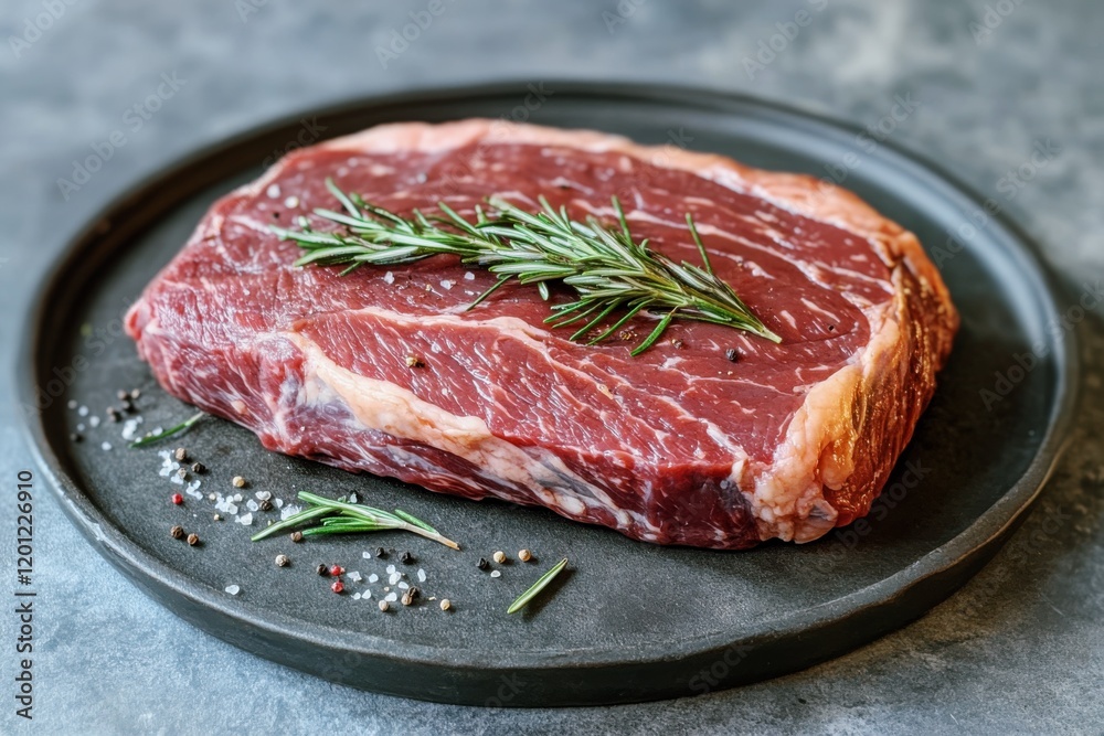 fresh raw entrecote steak with marbled texture garnished with rosemary and peppercorns on a black plate fresh raw entrecote steak with marbled texture garnished with rosemary and peppercorns on a black plate