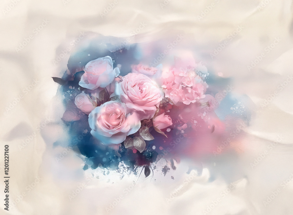 Fototapeta premium A soft, dreamy bouquet of pink and blue roses sits against a creamy, flowing background. Watercolor-like textures add to the ethereal feel.