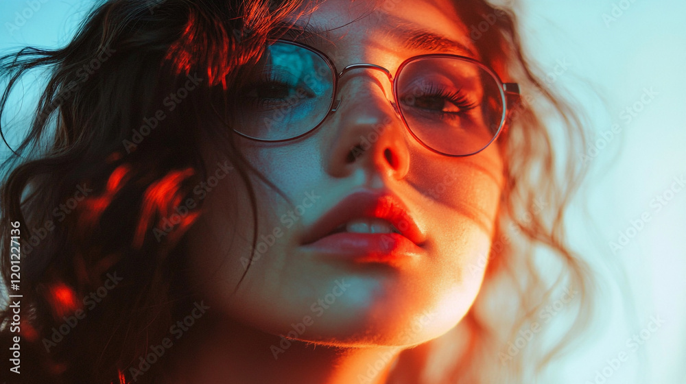 Fototapeta premium Captivating portrait of a woman with glasses in colorful lighting at sunset