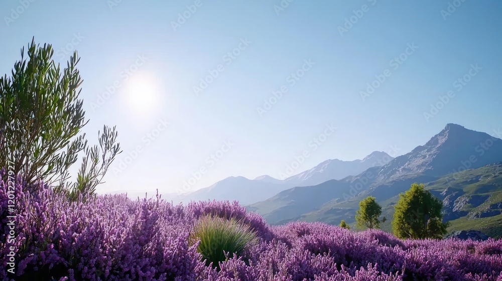 Lush purple flowers under a bright sun with mountains in the background. Lush purple flowers under a bright sun with mountains in the background.
