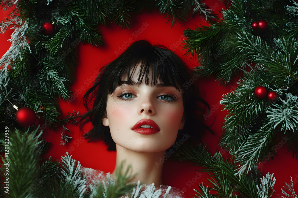 Festive sign surrounded by fir tree branches and holiday decor on a bold red background Festive sign surrounded by fir tree branches and holiday decor on a bold red background