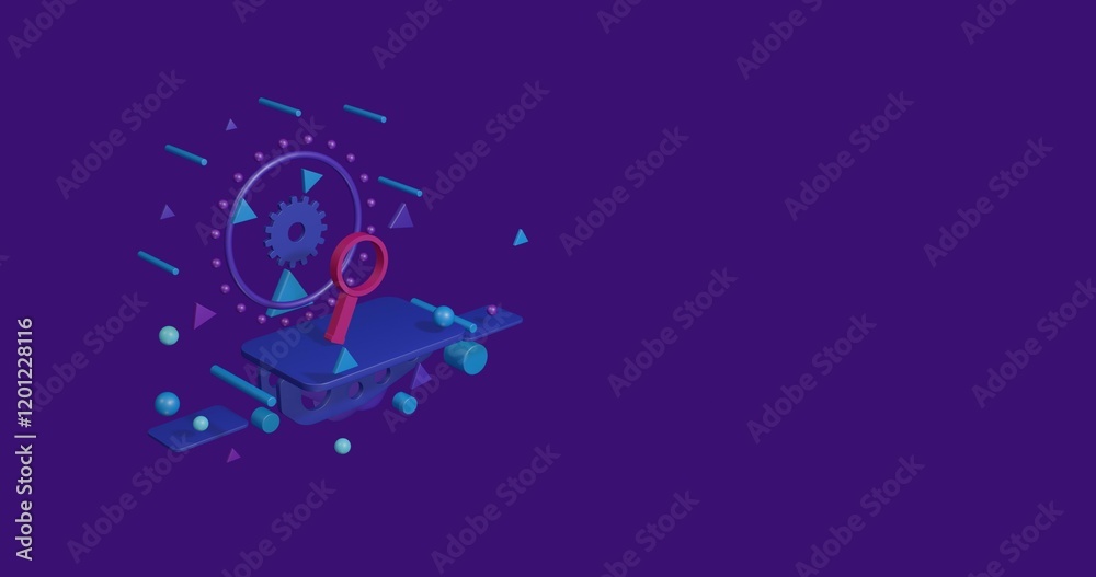 Obraz premium Pink magnifier symbol on a pedestal of abstract geometric shapes floating in the air. Abstract concept art with flying shapes on the left. 3d illustration on deep purple background