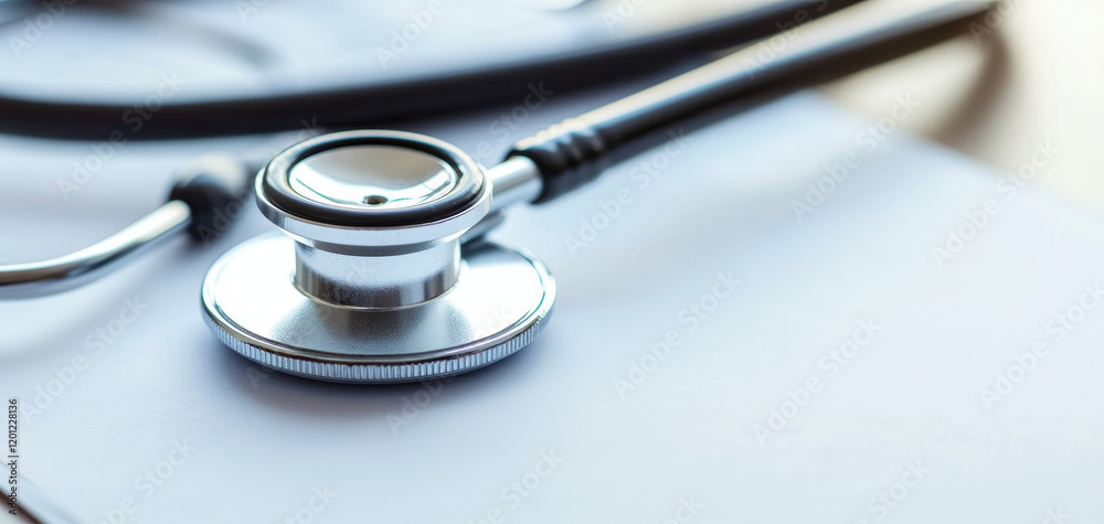 close up of stethoscope resting on blank sheet of paper, symbolizing healthcare and medical practice. shiny metal reflects light, creating professional and organized atmosphere close up of stethoscope resting on blank sheet of paper, symbolizing healthcare and medical practice. shiny metal reflects light, creating professional and organized atmosphere