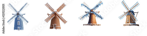 Traditional Dutch Wooden Windmills Standing Tall in a Scenic Countryside Landscape with Rotating Blades Harnessing the Power of the Wind for Renewable Energy Production photo