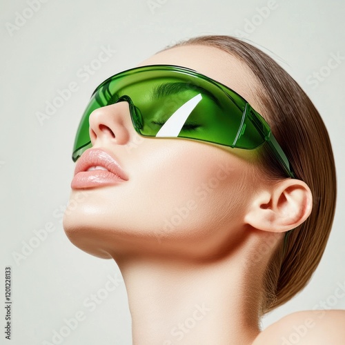 Profile of woman in sleek green visor sunglasses photo