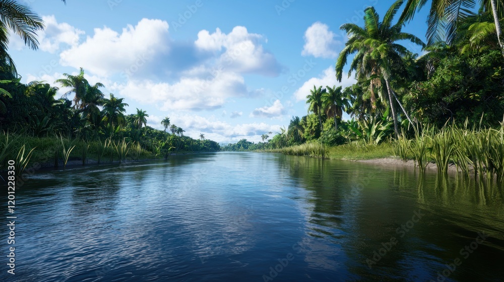Serene river scene with lush greenery and palm trees. Serene river scene with lush greenery and palm trees.