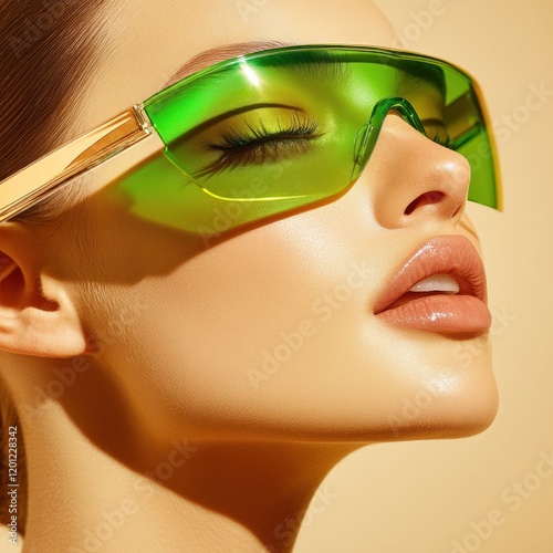 Fashion model in green sunglasses posing confidently photo