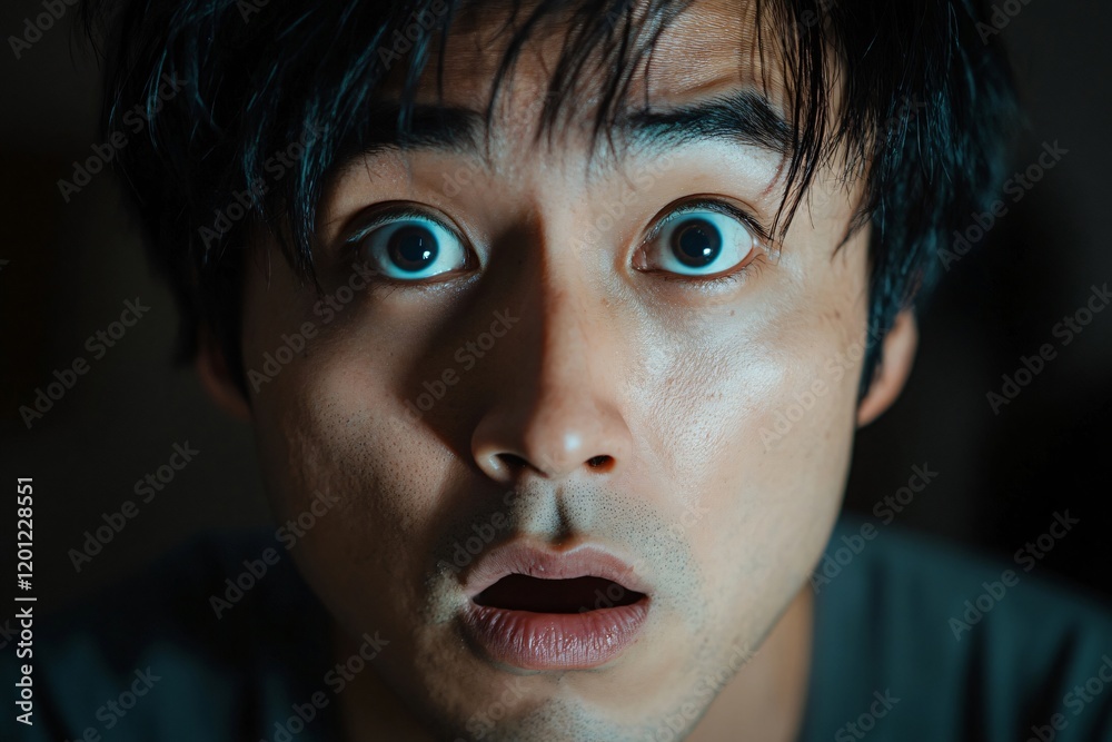 Close up portrait of a surprised young man with wide opened eyes and mouth, expressing astonishment and disbelief Close up portrait of a surprised young man with wide opened eyes and mouth, expressing astonishment and disbelief