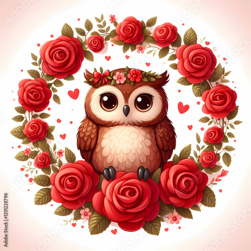 Cute owl with floral wreath surrounded by red roses and hearts in a whimsical design
