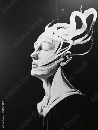 Dynamic female profile in swirling abstract strokes