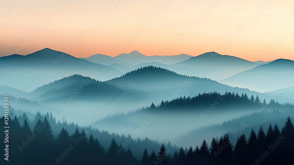 Fototapeta premium Misty watercolor concept. Serene mountain landscape with misty layers and soft pastel sky at dawn.