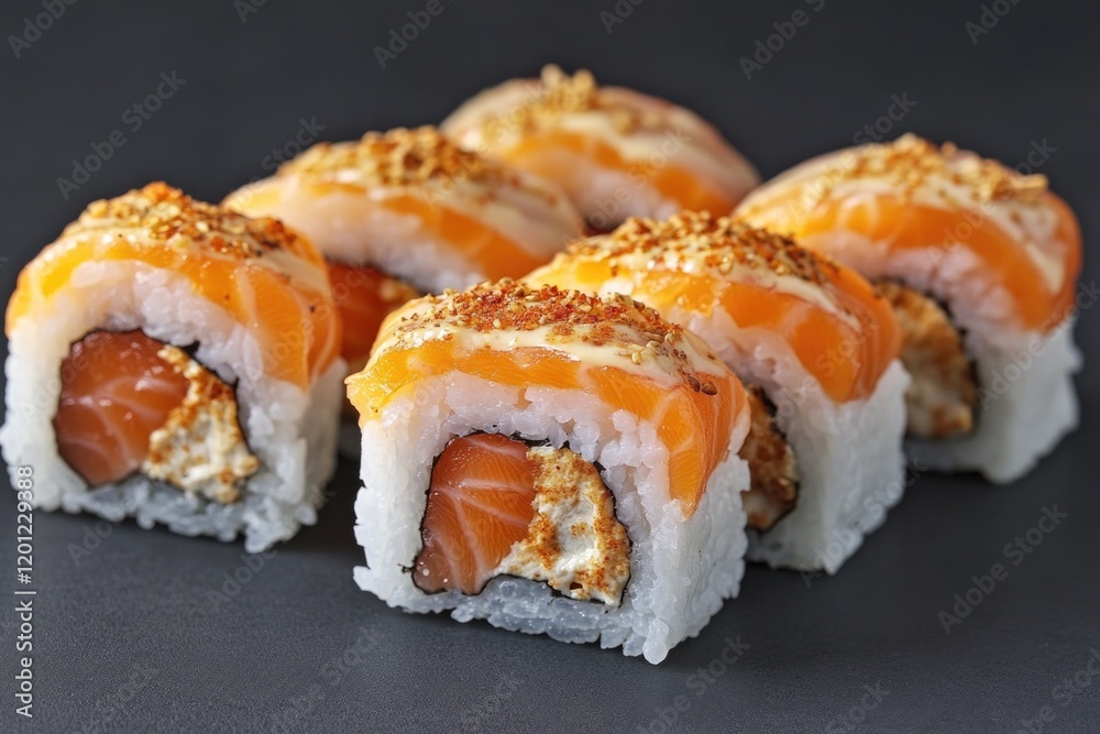 A close-up shot of a plate of sushi with various ingredients and garnishes A close-up shot of a plate of sushi with various ingredients and garnishes
