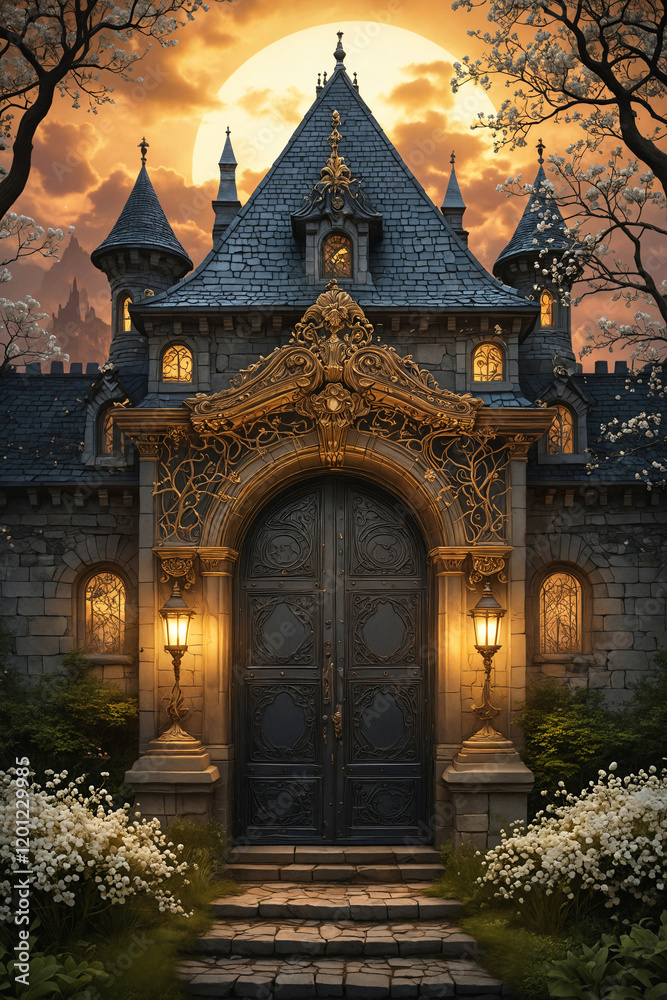 Fototapeta premium Ornate castle entrance with golden gate shining in the moonlight