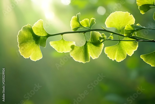 Fresh ginkgo biloba leaves in sunlight against a blurred green backdrop, emphasizing natural beauty