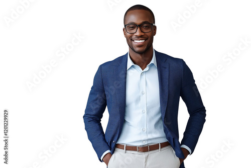A smiling man in his thirties, wearing glasses and dressed for work in a business casual attire of a blue blazer over light gray slacks, stands against a transparent background 