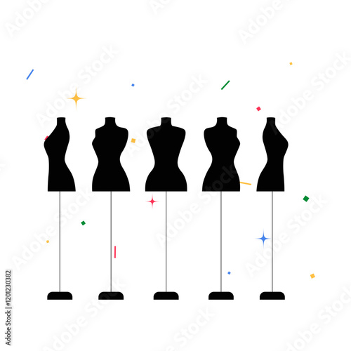 Five Dressmaker Mannequins In Flat Vector Illustration Symbolizing Fashion Design, Sewing, And Tailoring, Isolated On White Background