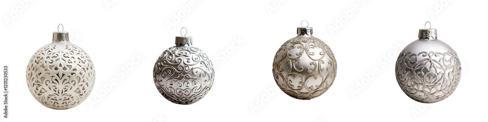 Exquisite silver Christmas ornaments in various intricate patterns and designs hanging together on display creating a festive and elegant holiday atmosphere Exquisite silver Christmas ornaments in various intricate patterns and designs hanging together on display creating a festive and elegant holiday atmosphere
