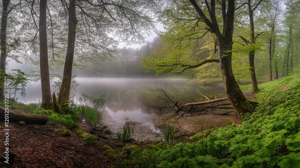 Obraz premium Enchanted Forest Lake: A Misty Morning Scene of Tranquil Beauty