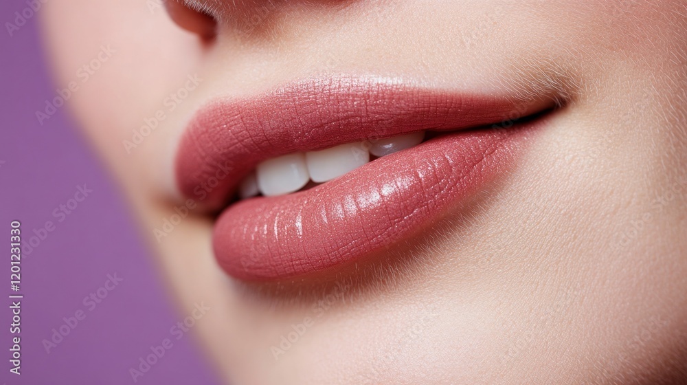 Charming pink lips smiling against a purple background. Charming pink lips smiling against a purple background.
