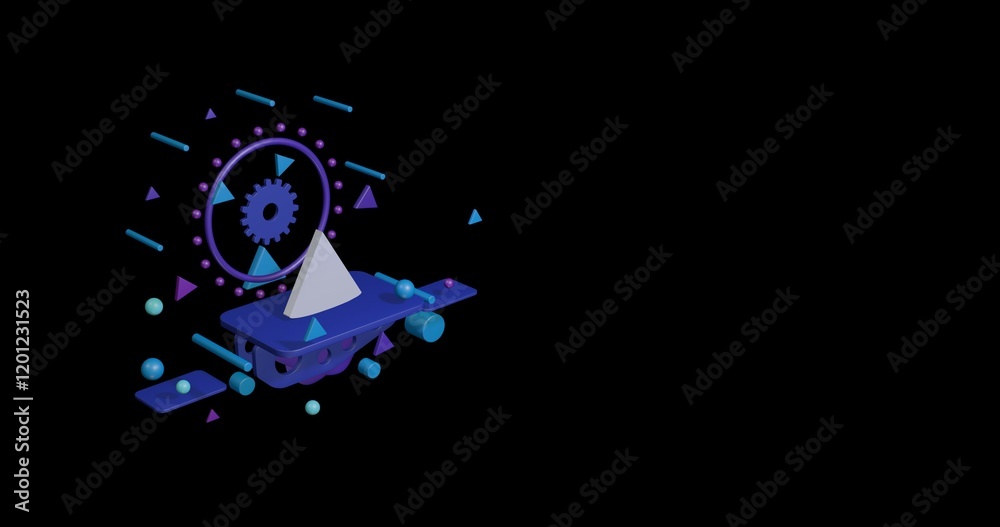Obraz premium White cone on a pedestal of abstract geometric shapes floating in the air. Abstract concept art with flying shapes on the left. 3d illustration on black background