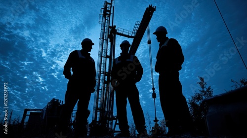 Workers confer at dusk near oil rig, blue sky