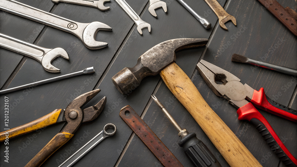 Labor day backgrounds.A variety of hand tools, including a hammer, pliers, wrenches, and screwdrivers, neatly arranged on a dark wooden background. Ideal for repair, construction, and workshop themes. Labor day backgrounds.A variety of hand tools, including a hammer, pliers, wrenches, and screwdrivers, neatly arranged on a dark wooden background. Ideal for repair, construction, and workshop themes.