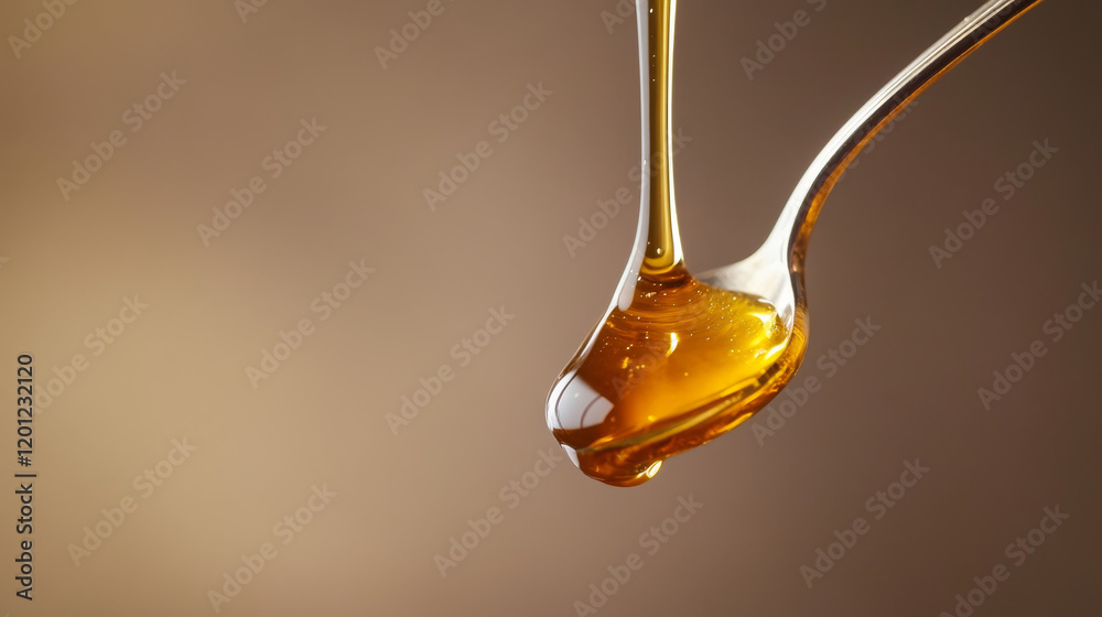 Single Drop of Golden Honey Hanging from Spoon in Mid-Air Against a Soft Neutral Background, Highlighting Smooth Descent and Amber Tones Single Drop of Golden Honey Hanging from Spoon in Mid-Air Against a Soft Neutral Background, Highlighting Smooth Descent and Amber Tones