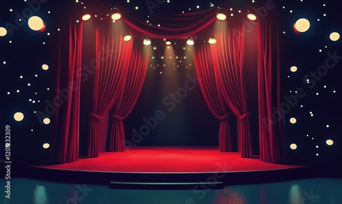 Theater stage with red curtains and spotlight illumination, designed for performances and events, featuring a dark background and decorative lights photo