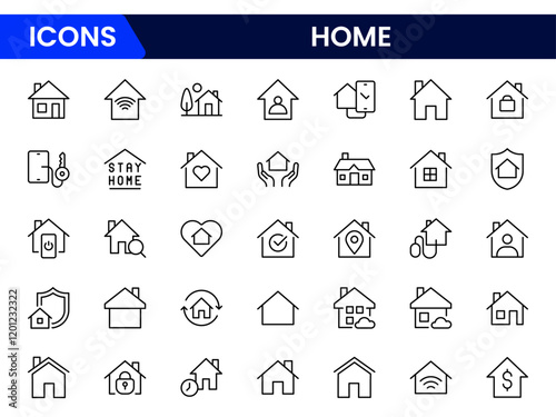 House or Real estate icon set. It contains the house, key, buy, sell, loan, smart home, building, mortgage, address, renovation, land, kitchen, bedroom, living room, and bathroom. vector collection