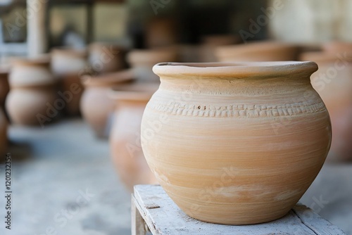 Clay pot drying on wooden crate in pottery workshop, showcasing traditional craftsmanship photo