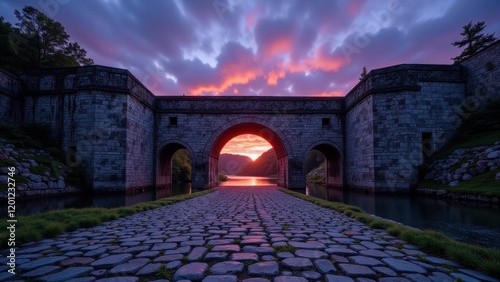 A sunlit path winds toward a majestic stone bridge with a grand central arch, its grey stones meticulously arranged. Lush scenery envelops this historic crossing photo