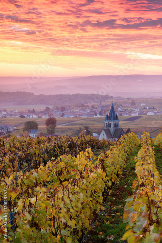 Autumn in the vineyards of Ville Dommange, Champagne, France photo