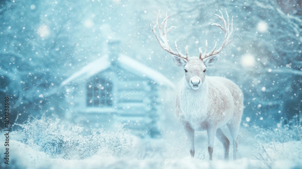 A reindeer stands gracefully in deep snow, with a rustic cabin nestled among snow-covered trees in a tranquil winter landscape A reindeer stands gracefully in deep snow, with a rustic cabin nestled among snow-covered trees in a tranquil winter landscape