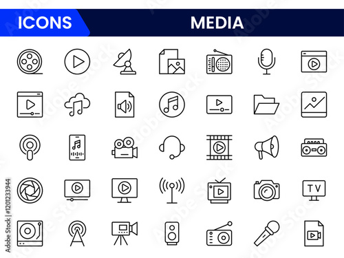 Set of line icons related to media, social networks, public media, journalism, communication, and networking. Outline icon collection. Vector illustration