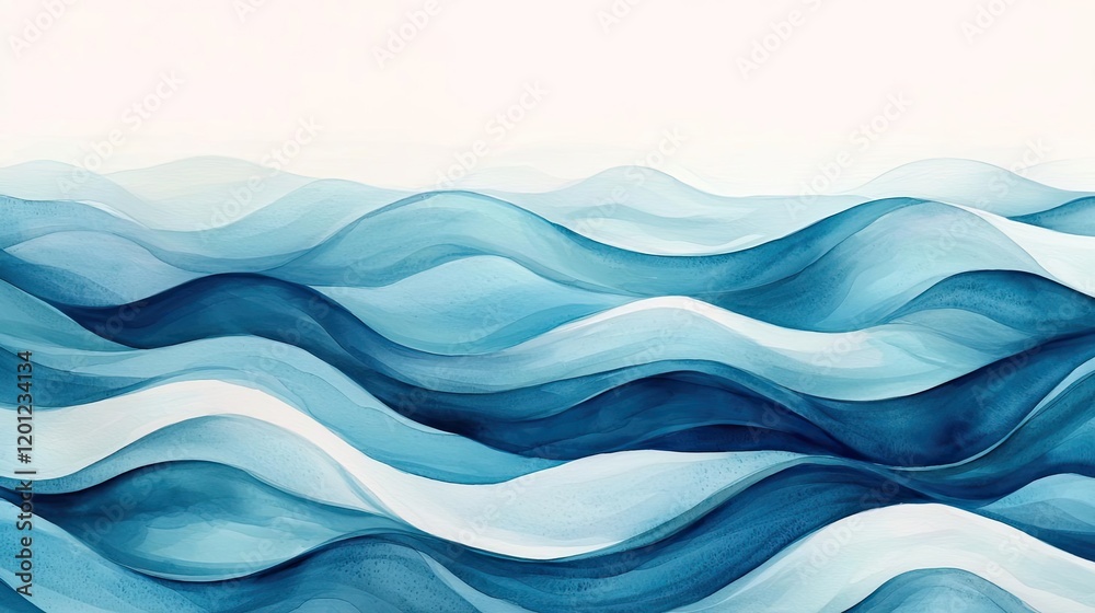 Naklejka premium Ocean watercolor idea. Serene abstract waves in blue hues create a calming oceanic effect for tranquil spaces.