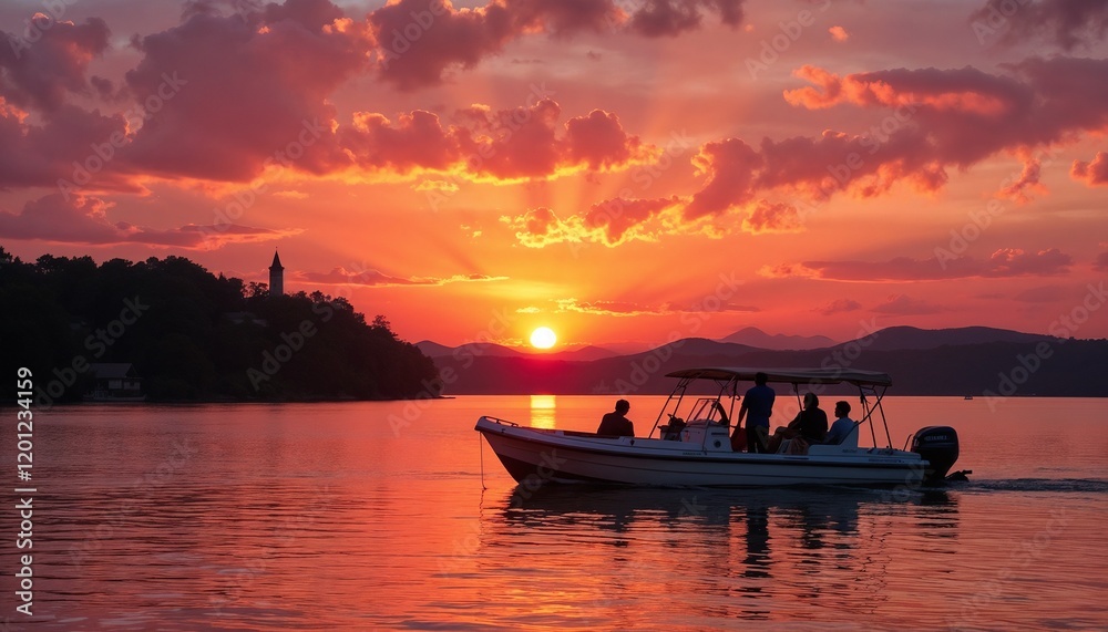Boat ride at sunset on a serene lake with glowing sky Boat ride at sunset on a serene lake with glowing sky