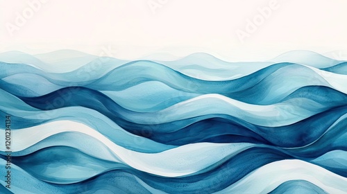 Ocean watercolor idea. Serene abstract waves in blue hues create a calming oceanic effect for tranquil spaces. photo