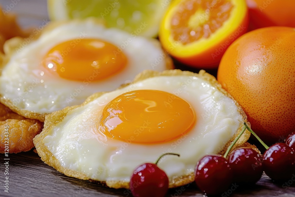Two fried eggs served on a table with fresh fruit, ideal for breakfast or brunch Two fried eggs served on a table with fresh fruit, ideal for breakfast or brunch