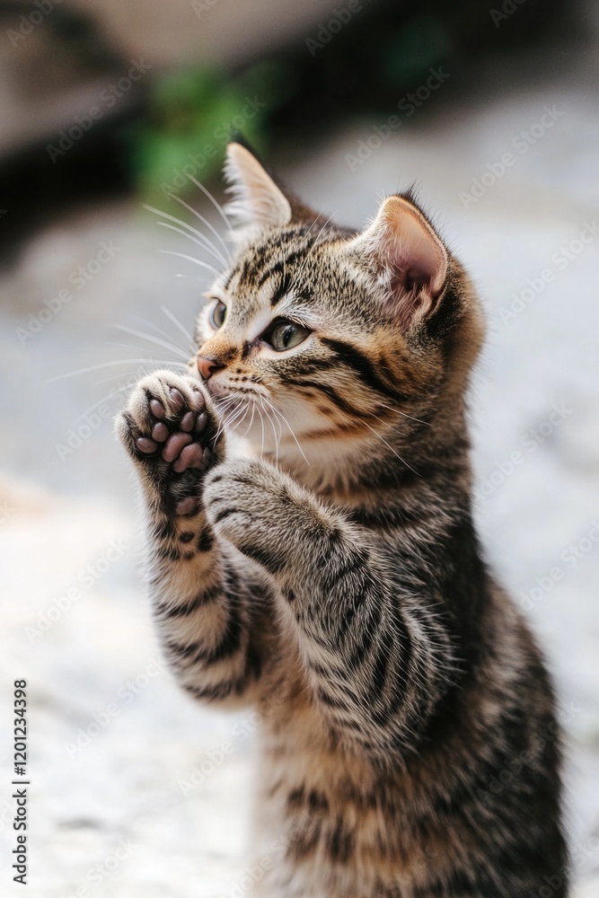 A small kitten stands up on its hind legs A small kitten stands up on its hind legs