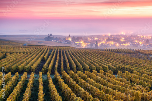 Misty sunrise over vineyards in autumn, Oger, Champagne, France photo