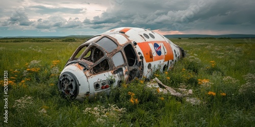 Abandoned spacecraft rests amidst wildflowers in a tranquil meadow under moody skies at dusk. Generative AI