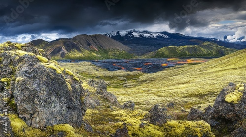 Icelandic Volcanic Landscape with Majestic Mountains and Lava Flows. A Breathtaking View of the Geothermal Terrain.
