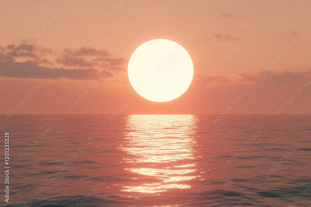 Calm ocean sunset with large sun reflecting on water. Calm ocean sunset with large sun reflecting on water.