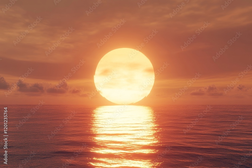 Large sun setting over calm ocean water. Large sun setting over calm ocean water.
