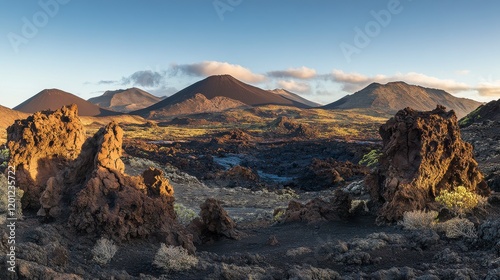 Volcanic Landscape Panorama: A Breathtaking View of Volcanic Terrain and Majestic Mountain Ranges