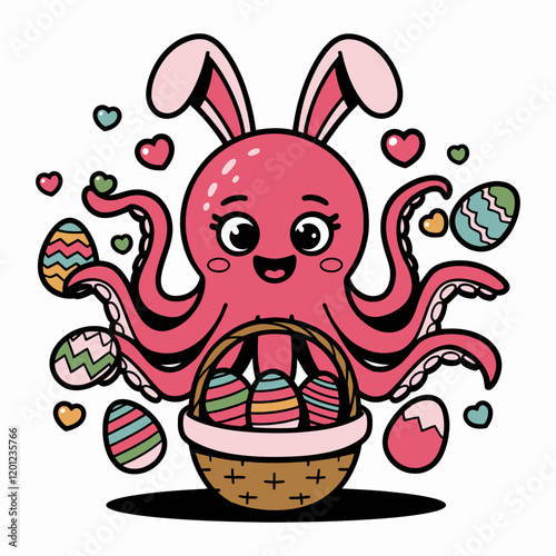 Easter Octopus Bunny with Basket of Eggs Illustration photo