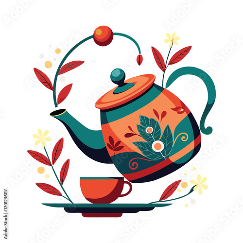 Beautiful and exceptional teapot pouring tea vector. 